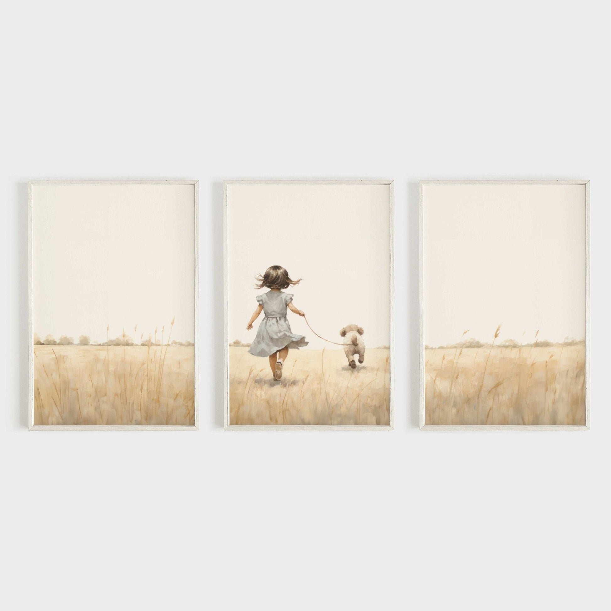 Girl and Dog Prints, Puppy Nursery Decor, Unique Vintage Wall Art - WildfieldPrints