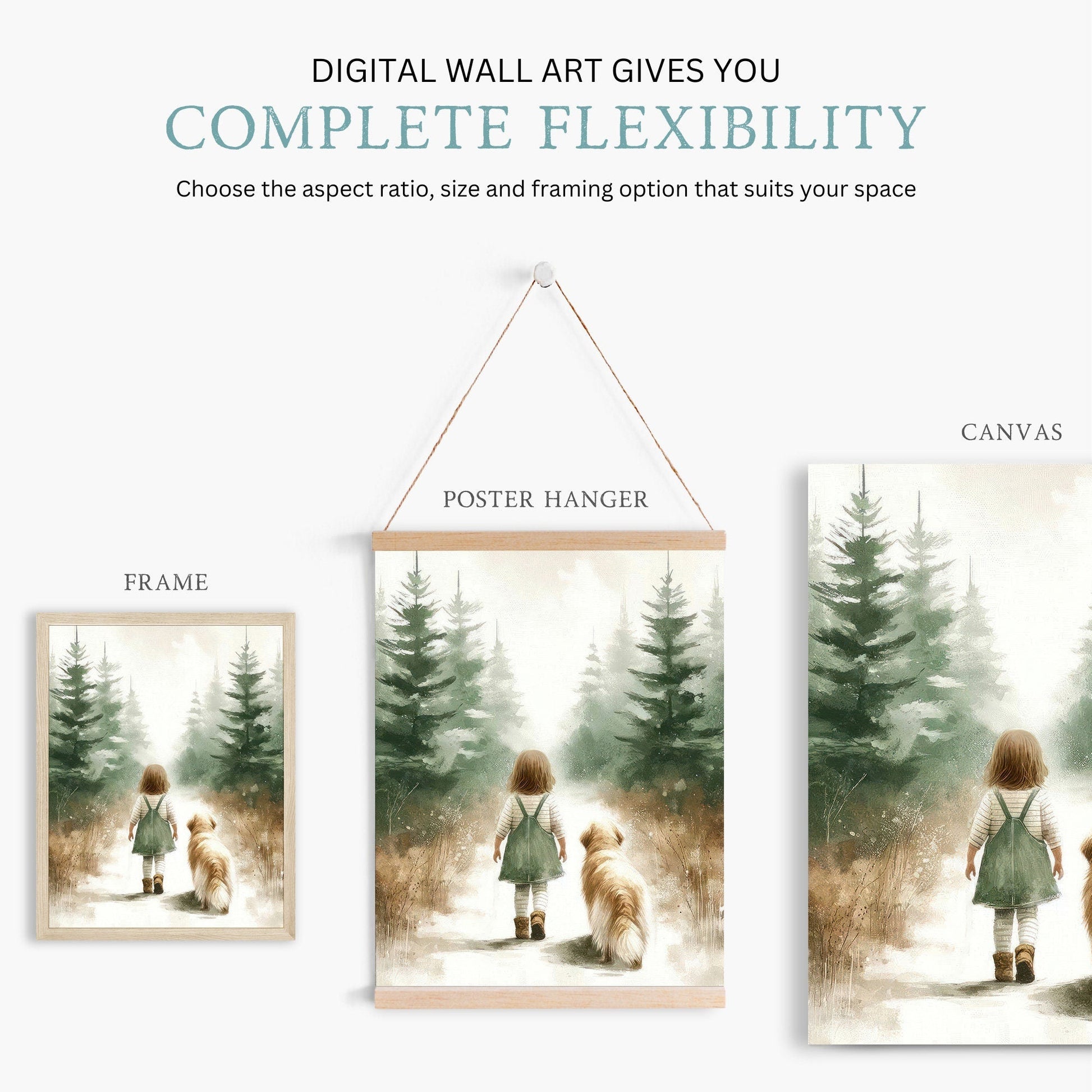 Girl and Golden Retriever Forest Walk Print, Vintage Nursery Decor - WildfieldPrints