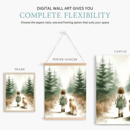 Girl and Golden Retriever Forest Walk Print, Vintage Nursery Decor - WildfieldPrints