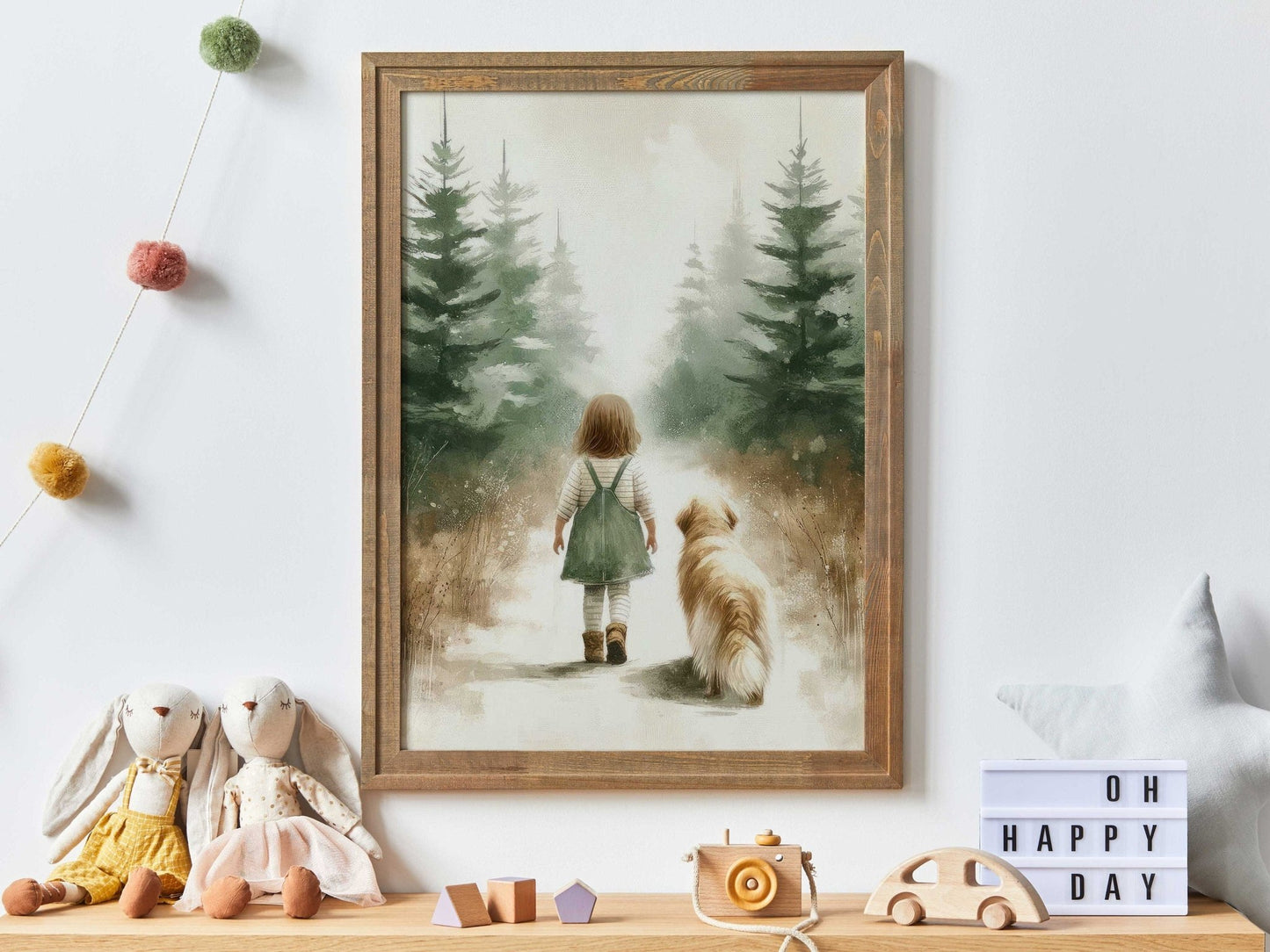Girl and Golden Retriever Forest Walk Print, Vintage Nursery Decor - WildfieldPrints
