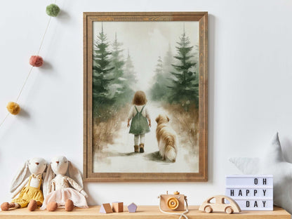 Girl and Golden Retriever Forest Walk Print, Vintage Nursery Decor - WildfieldPrints