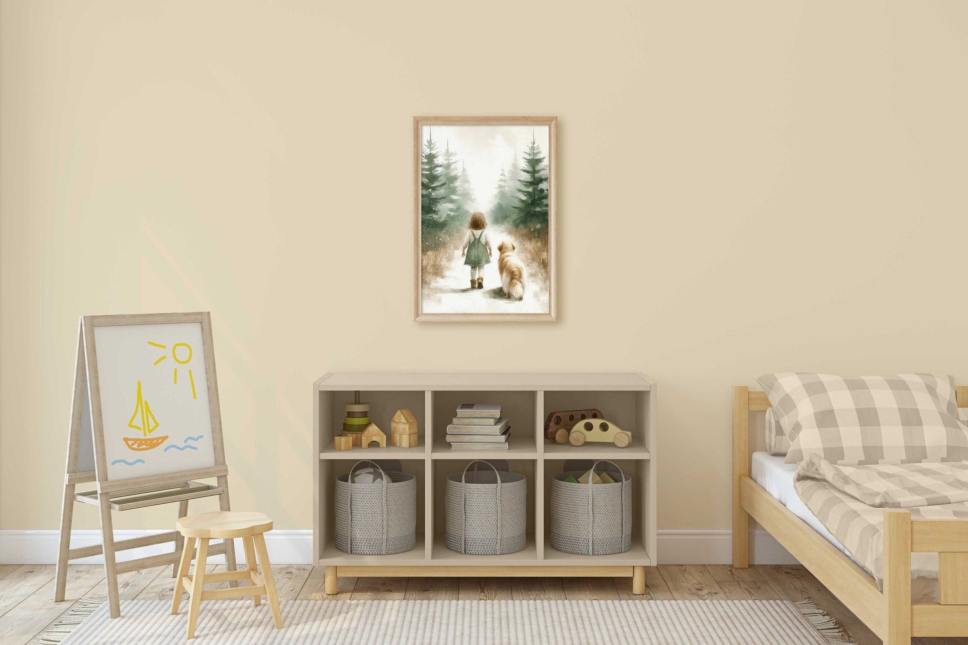 Girl and Golden Retriever Forest Walk Print, Vintage Nursery Decor - WildfieldPrints