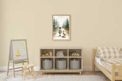 Girl and Golden Retriever Forest Walk Print, Vintage Nursery Decor - WildfieldPrints