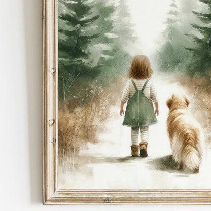 Girl and Golden Retriever Forest Walk Print, Vintage Nursery Decor - WildfieldPrints