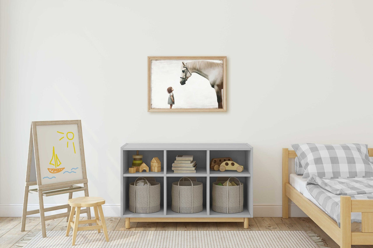 White Horse Wall Art – Farm Nursery Print for Girls Room