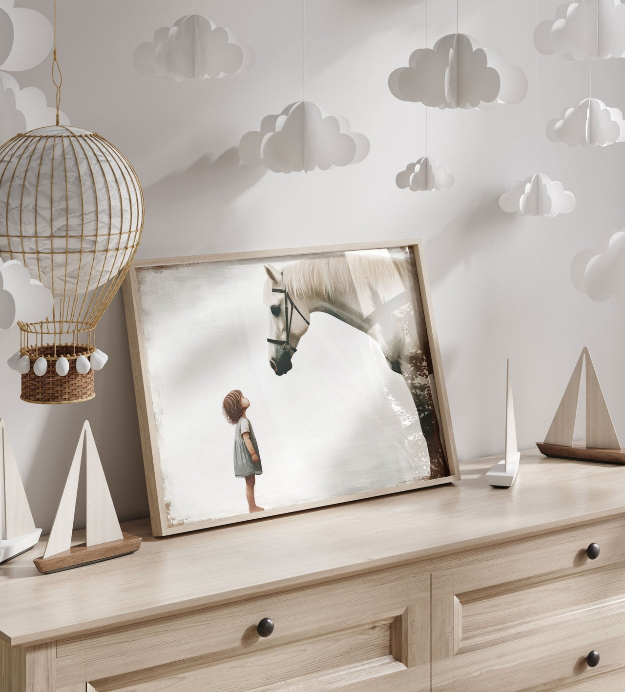 White Horse Wall Art – Farm Nursery Print for Girls Room
