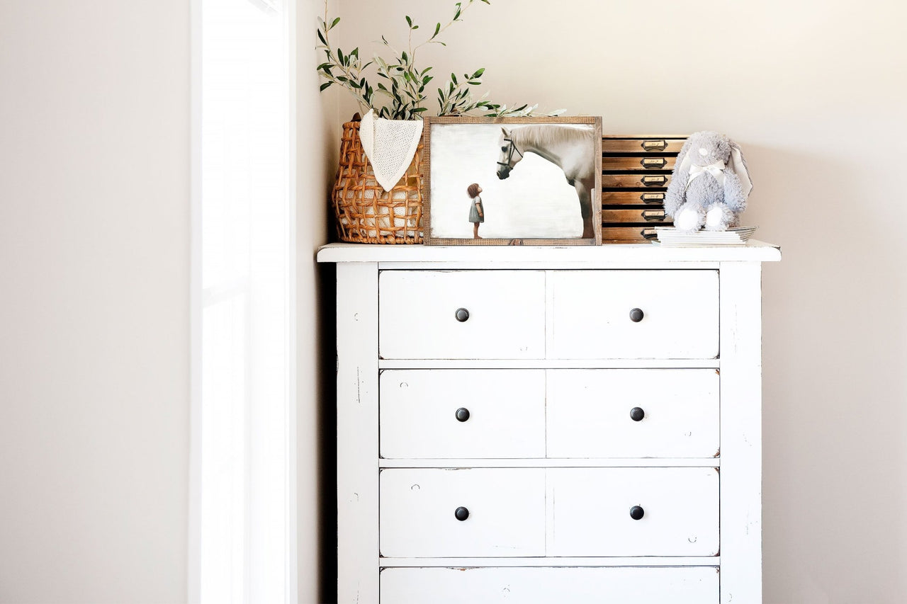 White Horse Wall Art – Farm Nursery Print for Girls Room