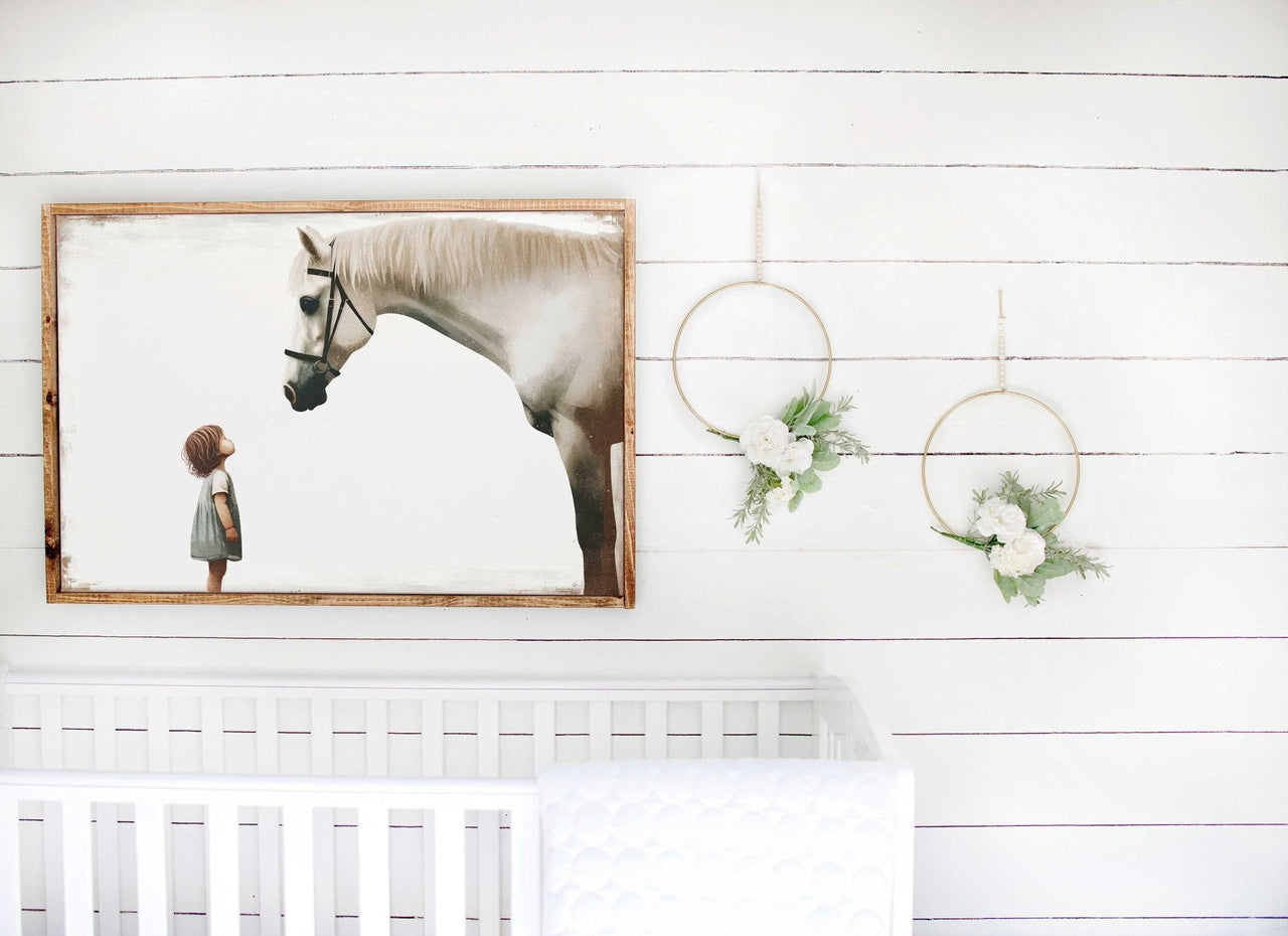 White Horse Wall Art – Farm Nursery Print for Girls Room