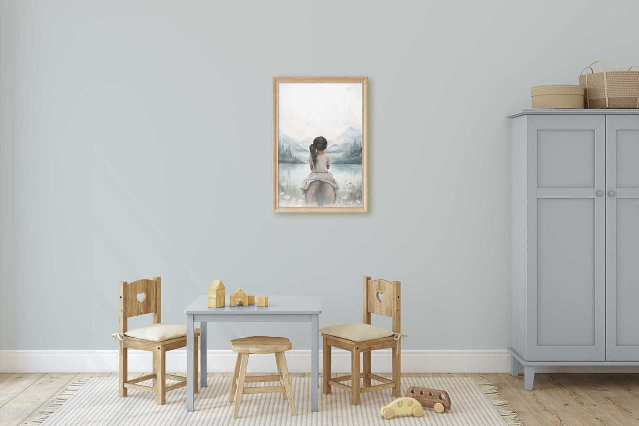 Black Hair Latina Girl on Horse Print – Equestrian Kids Room Wall Decor