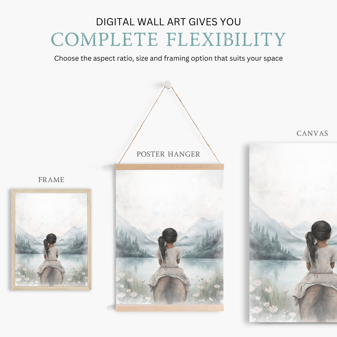 Black Hair Latina Girl on Horse Print – Equestrian Kids Room Wall Decor