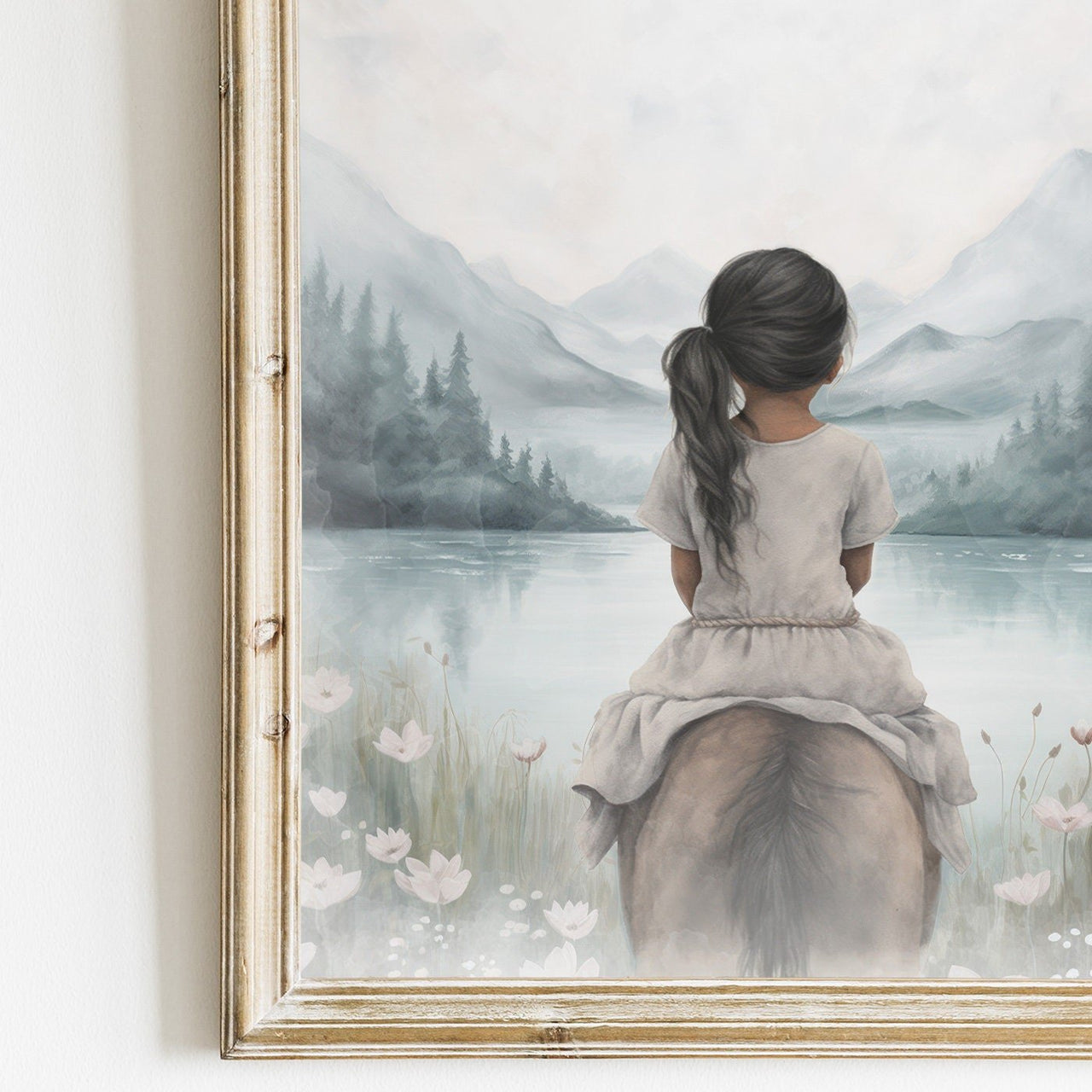 Black Hair Latina Girl on Horse Print – Equestrian Kids Room Wall Decor