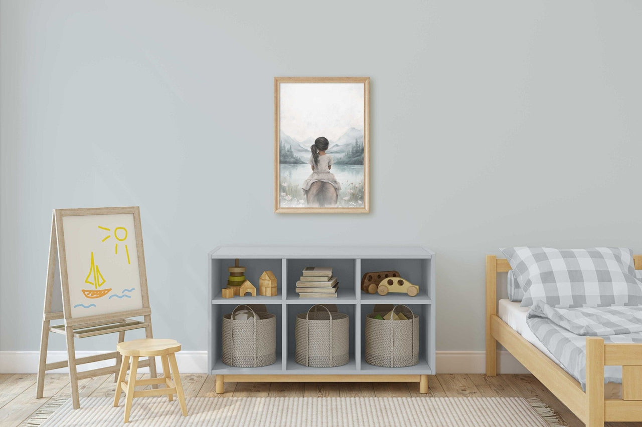 Black Hair Latina Girl on Horse Print – Equestrian Kids Room Wall Decor