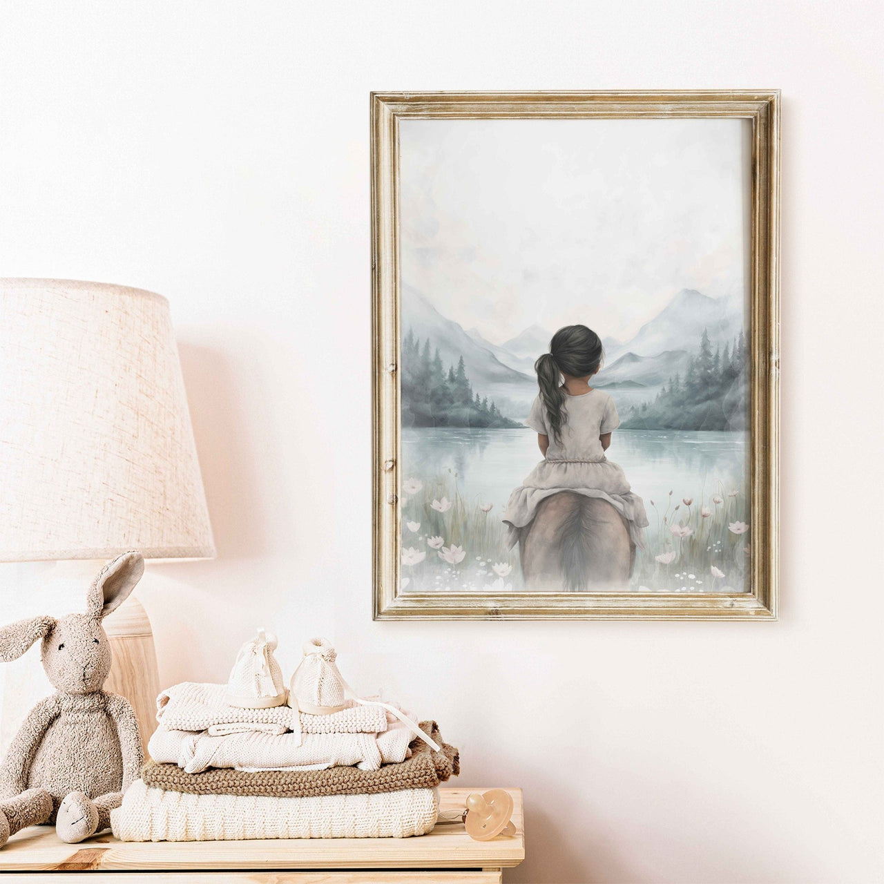 Black Hair Latina Girl on Horse Print – Equestrian Kids Room Wall Decor