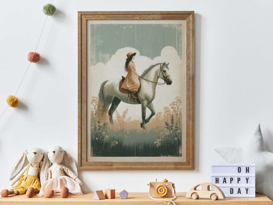 Girl and Horse Wall Decor, Vintage Equestrian Art, Girls Room Decor - WildfieldPrints