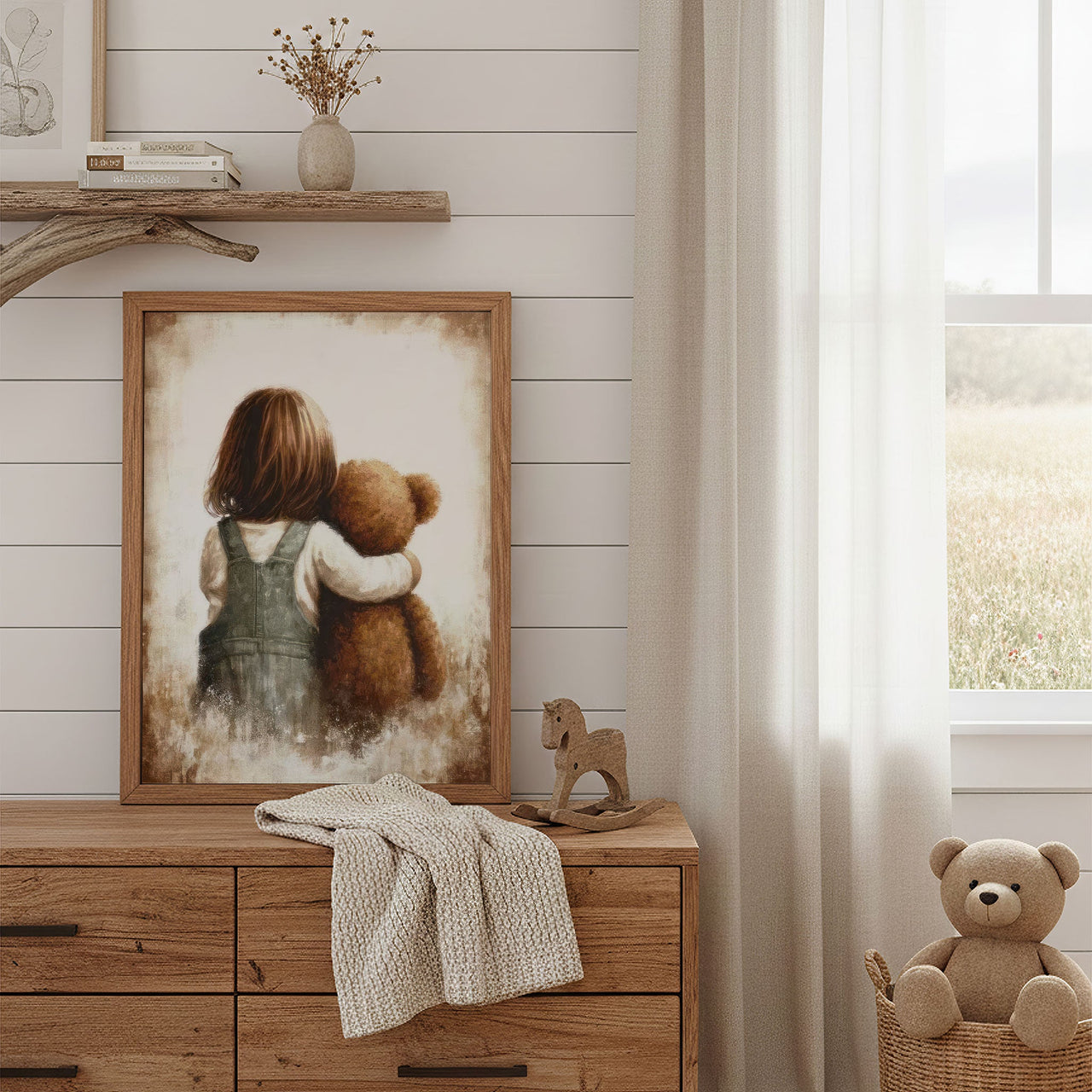 Girl and Teddy Bear Print – Vintage Nursery Wall Art for Girls