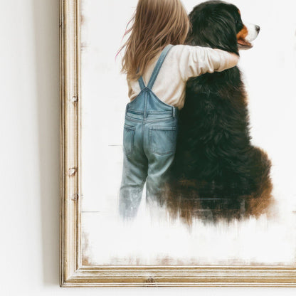 Girl & Bernese Mountain Dog Art, Nursery Decor, Kids' Dog Wall Print - WildfieldPrints