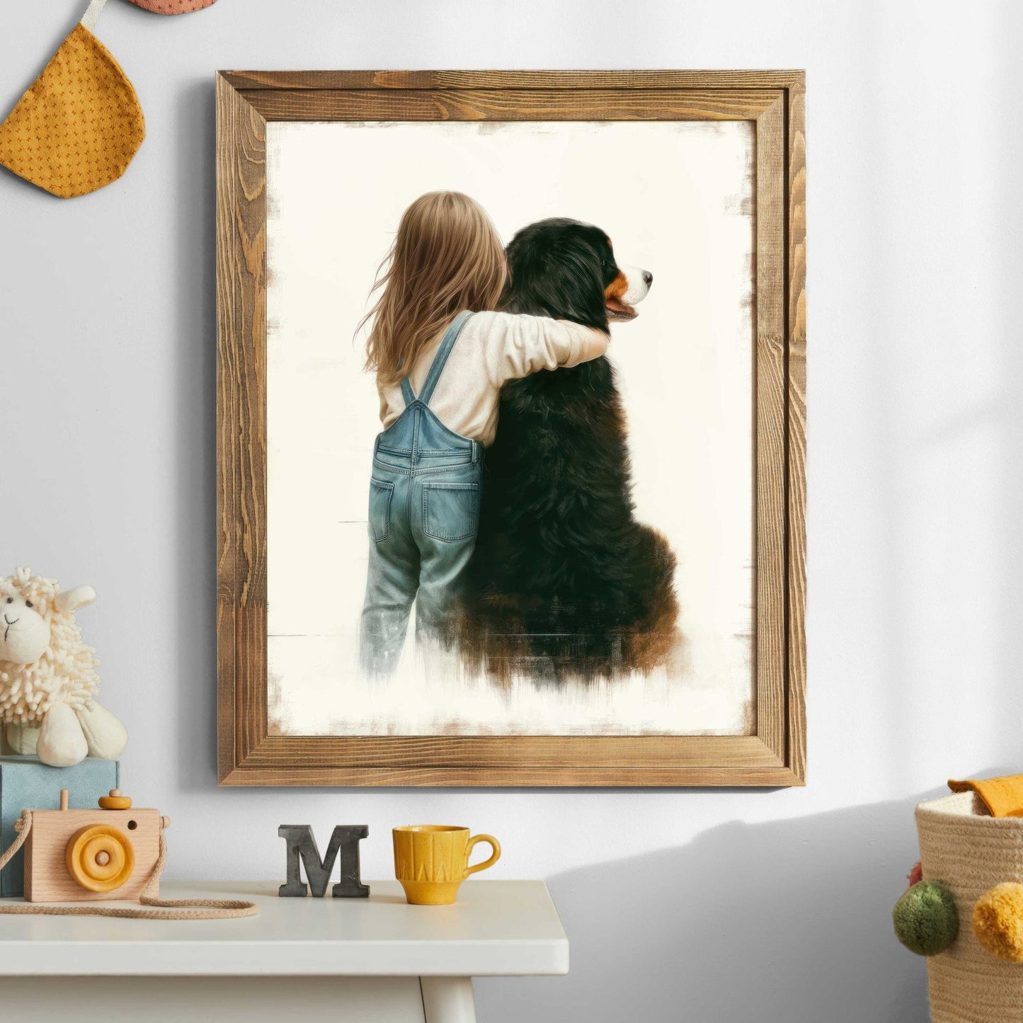 Girl & Bernese Mountain Dog Art, Nursery Decor, Kids' Dog Wall Print - WildfieldPrints