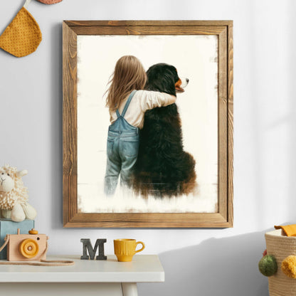 Girl & Bernese Mountain Dog Art, Nursery Decor, Kids' Dog Wall Print - WildfieldPrints