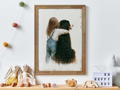 Girl & Bernese Mountain Dog Art, Nursery Decor, Kids' Dog Wall Print - WildfieldPrints