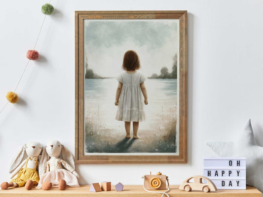 Girl by the Lake Nursery Decor, Beach - Themed Wall Art, Adventure Print - WildfieldPrints