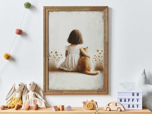 Girl & Cat Vintage Painting, Light and Airy Nursery Wall Decor, Custom Size - WildfieldPrints