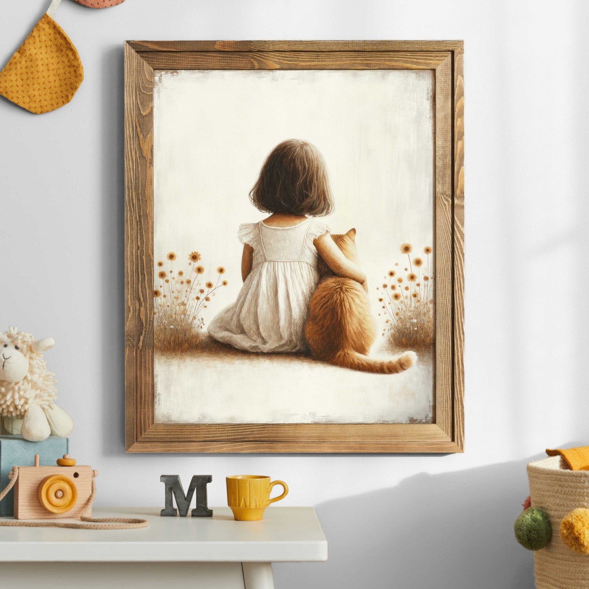 Girl & Cat Vintage Painting, Light and Airy Nursery Wall Decor, Custom Size - WildfieldPrints