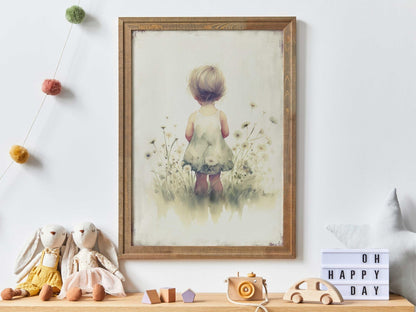 Girl in Wildflower Field Prints, Nursery Wall Decor, Toddler Room Art - WildfieldPrints