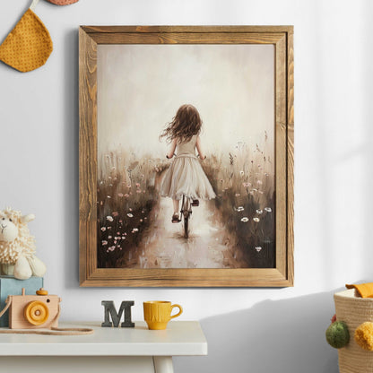 Girl on a Bicycle Print, Wildflower Field Decor, Floral Room Wall Art - WildfieldPrints