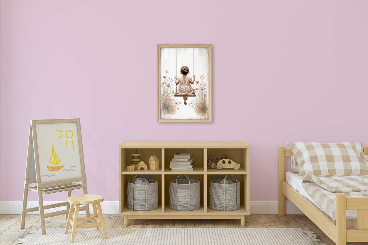 Girl on a Swing Wall Art – Whimsical Nursery Print