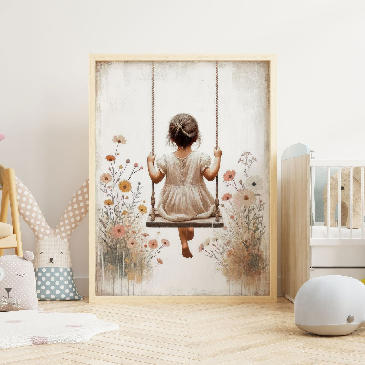 Girl on a Swing Wall Art – Whimsical Nursery Print
