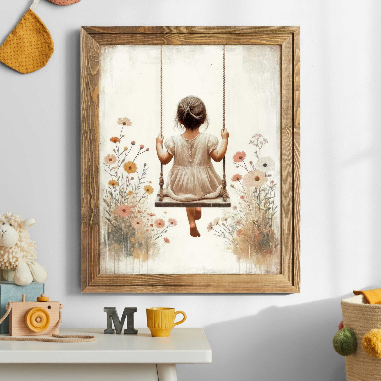Girl on a Swing Wall Art – Whimsical Nursery Print