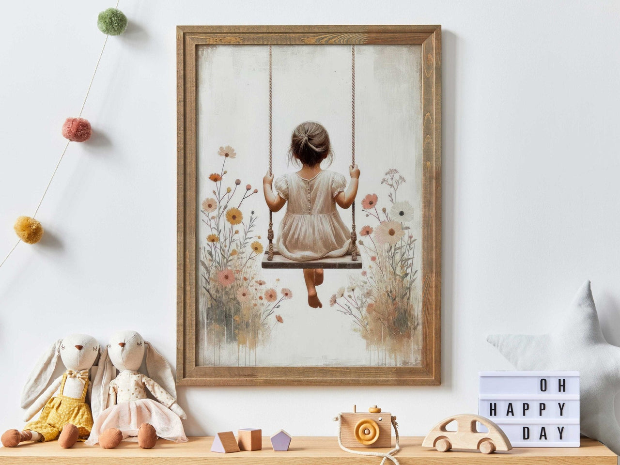 Girl on a Swing Wall Art – Whimsical Nursery Print