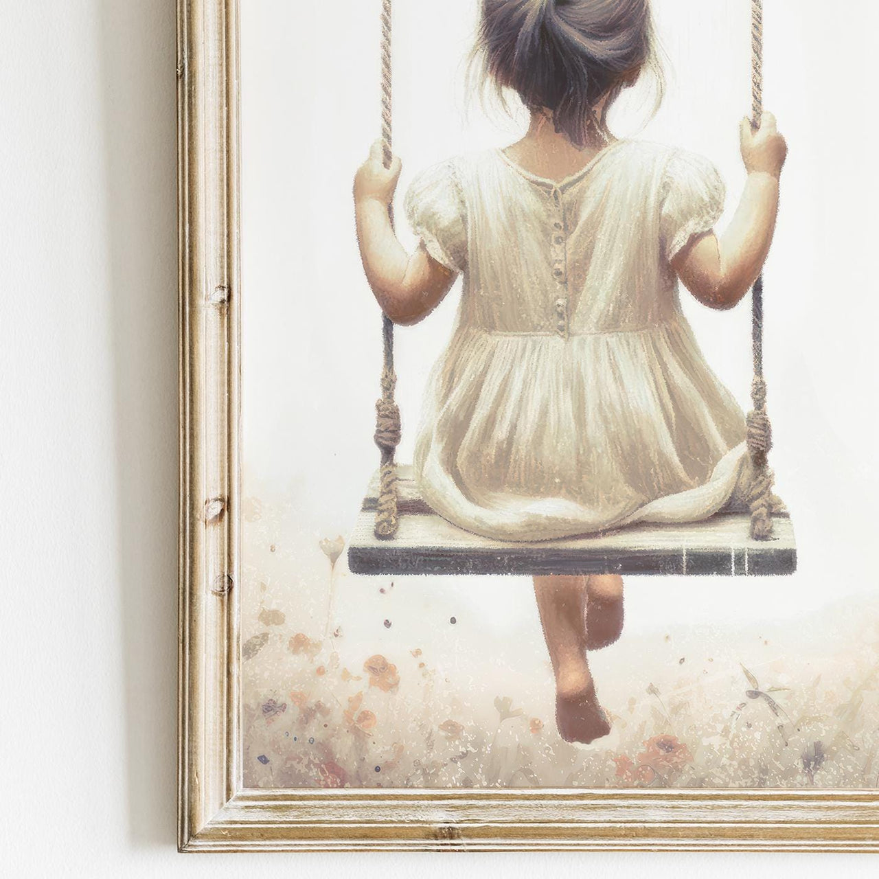 Girl on Swing Wall Art – Wildflower Nursery Print for Toddler Room • Set of 3