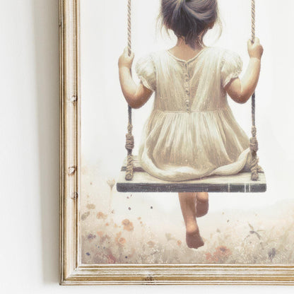 Girl on a Swing Prints, Wildflower Nursery Decor, Toddler Room Art - WildfieldPrints