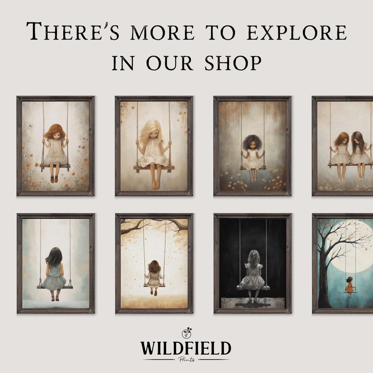 Girl on Swing Wall Art – Wildflower Nursery Print for Toddler Room • Set of 3