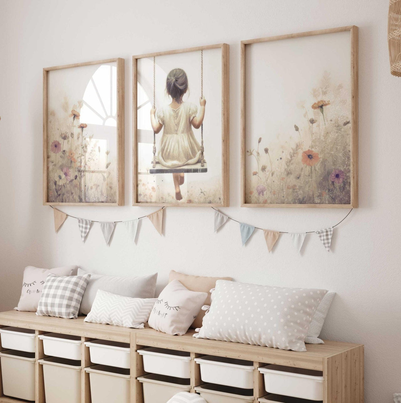 Girl on Swing Wall Art – Wildflower Nursery Print for Toddler Room • Set of 3
