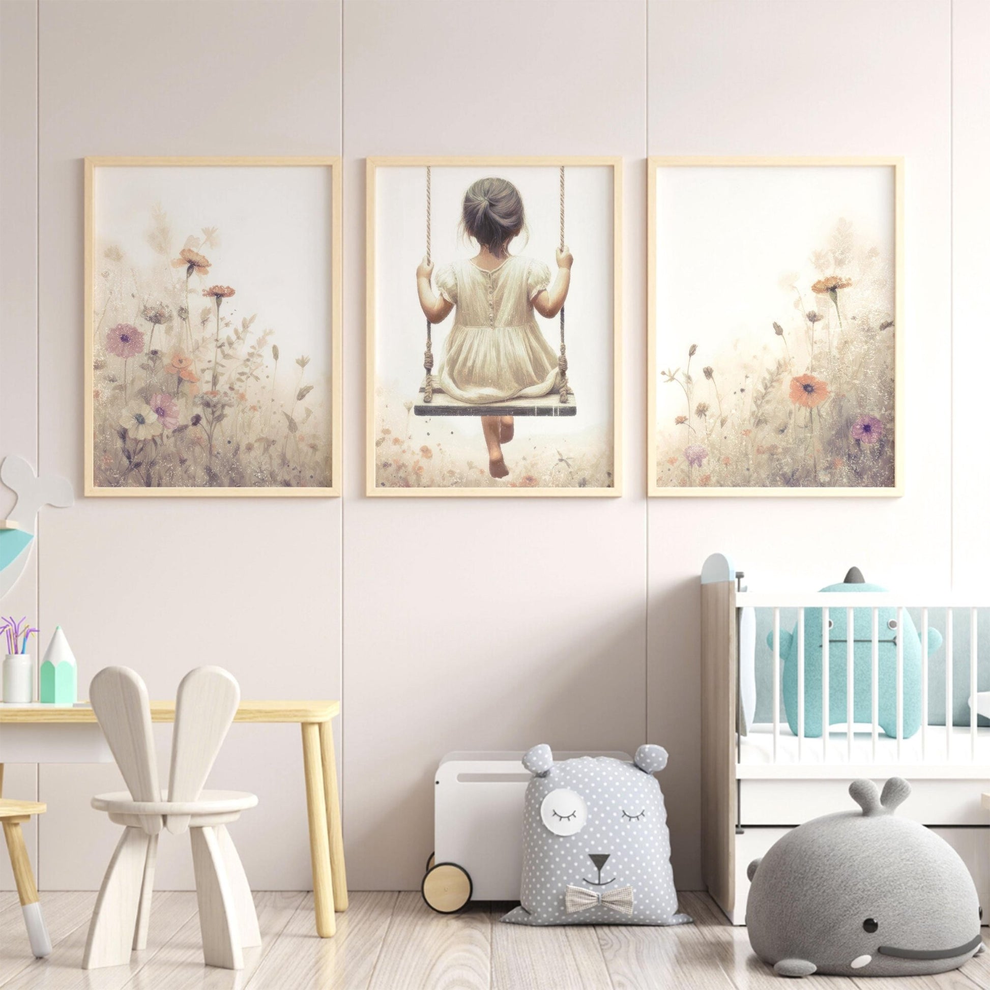 Girl on a Swing Prints, Wildflower Nursery Decor, Toddler Room Art - WildfieldPrints