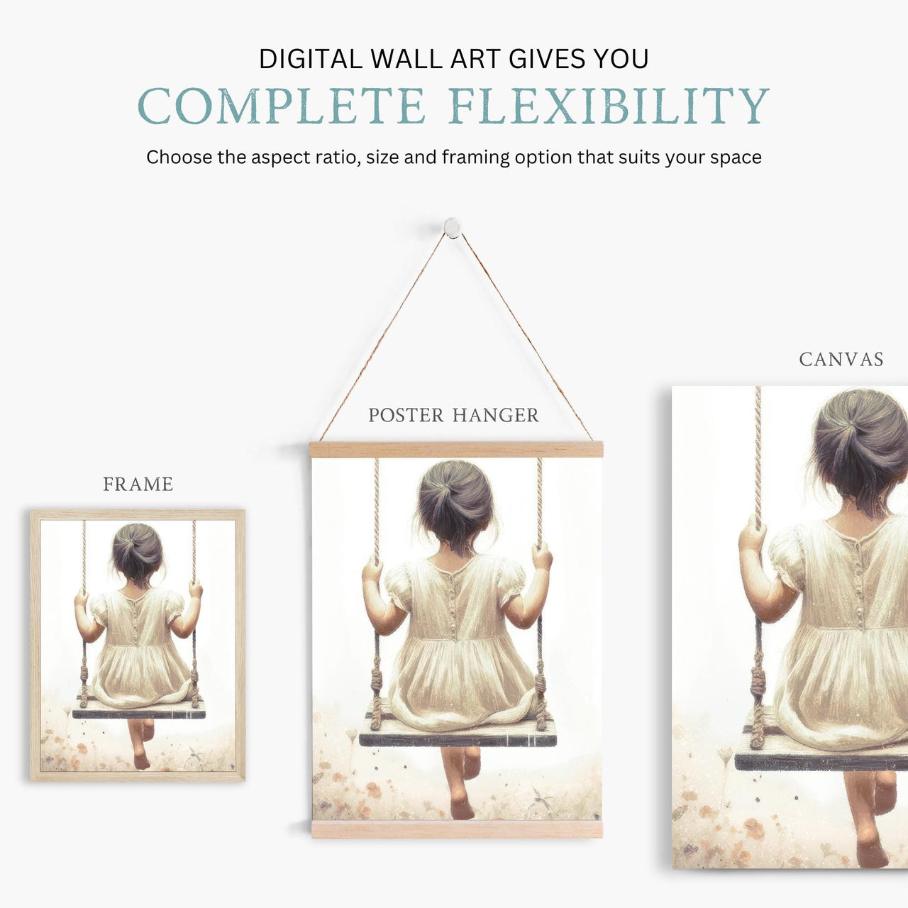 Girl on Swing Wall Art – Wildflower Nursery Print for Toddler Room • Set of 3