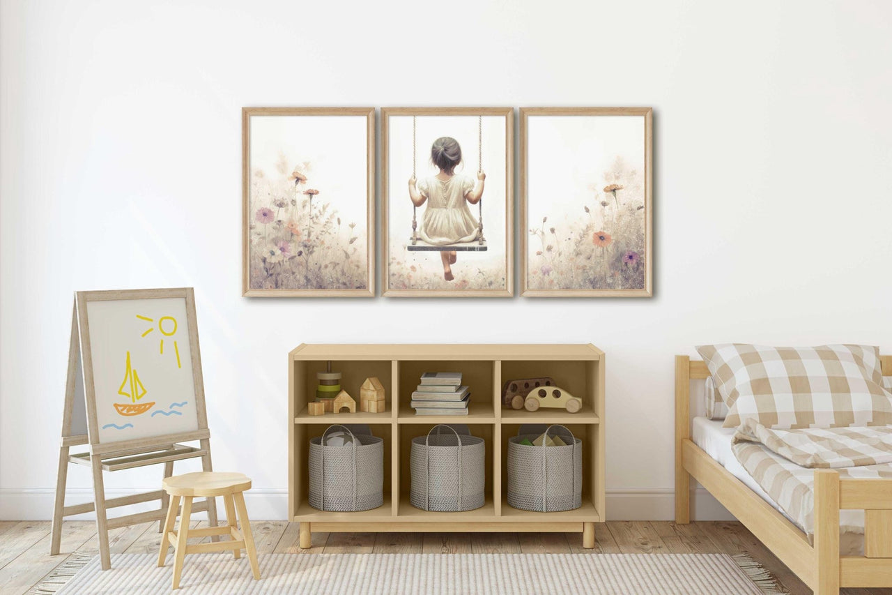 Girl on Swing Wall Art – Wildflower Nursery Print for Toddler Room • Set of 3