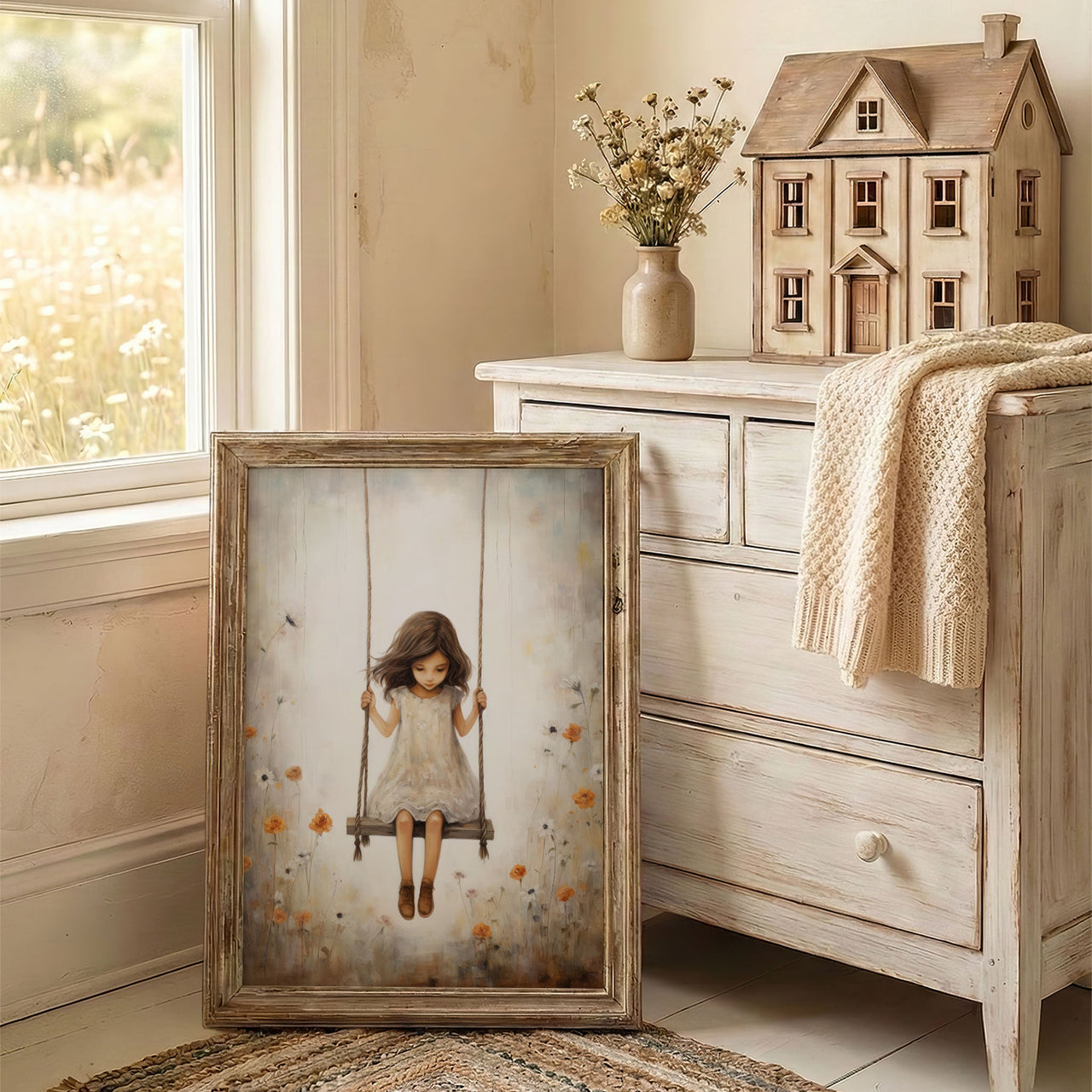Girl on a Swing Wall Art – Vintage Nursery Print for Girls Room