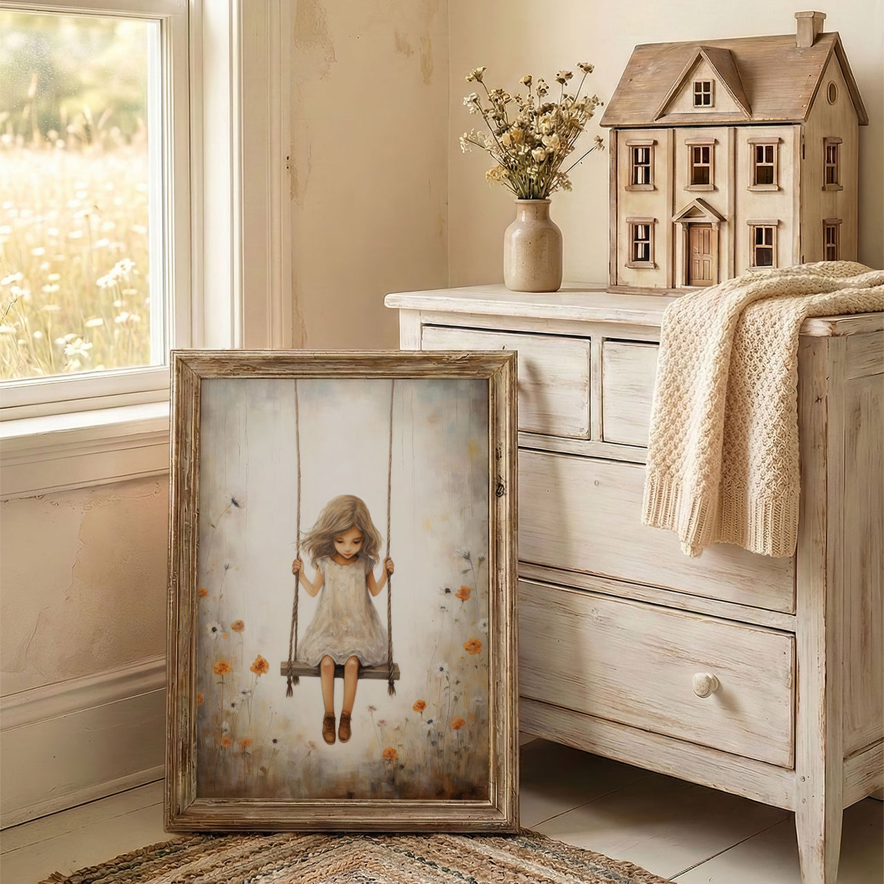 Girl on a Swing Wall Art – Vintage Nursery Print for Girls Room