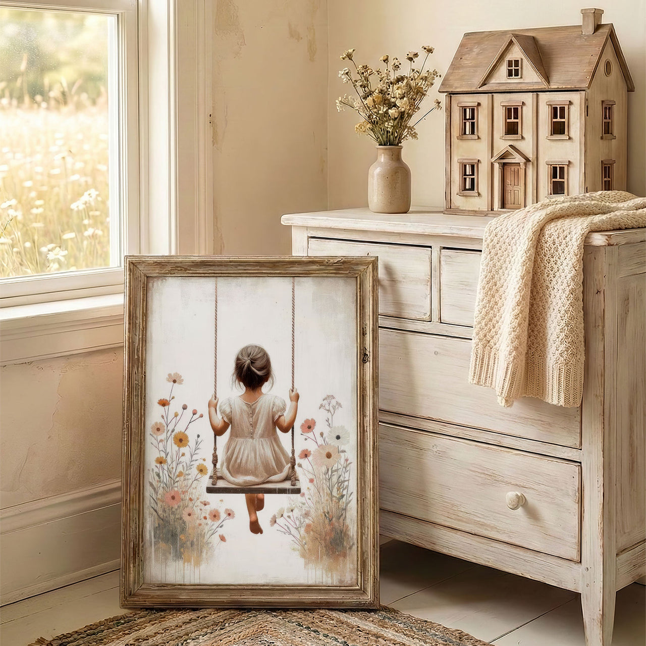 Girl on a Swing Wall Art – Whimsical Nursery Print