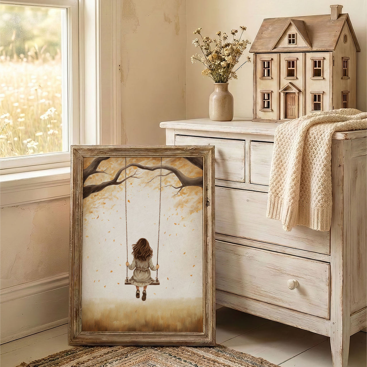 Girl on Swing Wall Art – Vintage Nursery Print for Kids Room