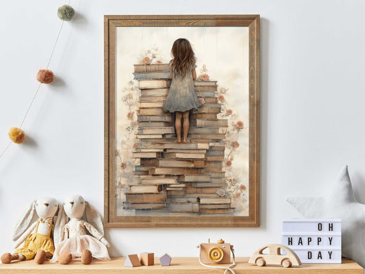 Girl Reading Wall Art, Cozy Study Room Decor, Whimsical Design - WildfieldPrints