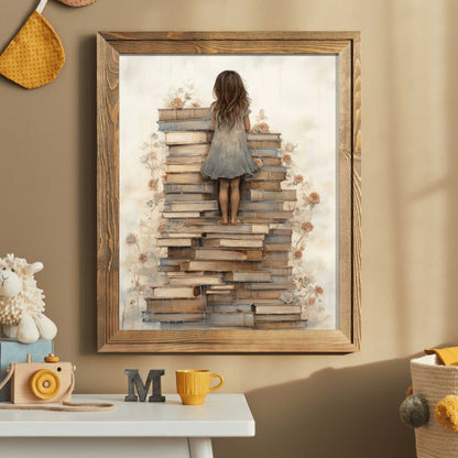 Girl Reading Wall Art, Cozy Study Room Decor, Whimsical Design - WildfieldPrints