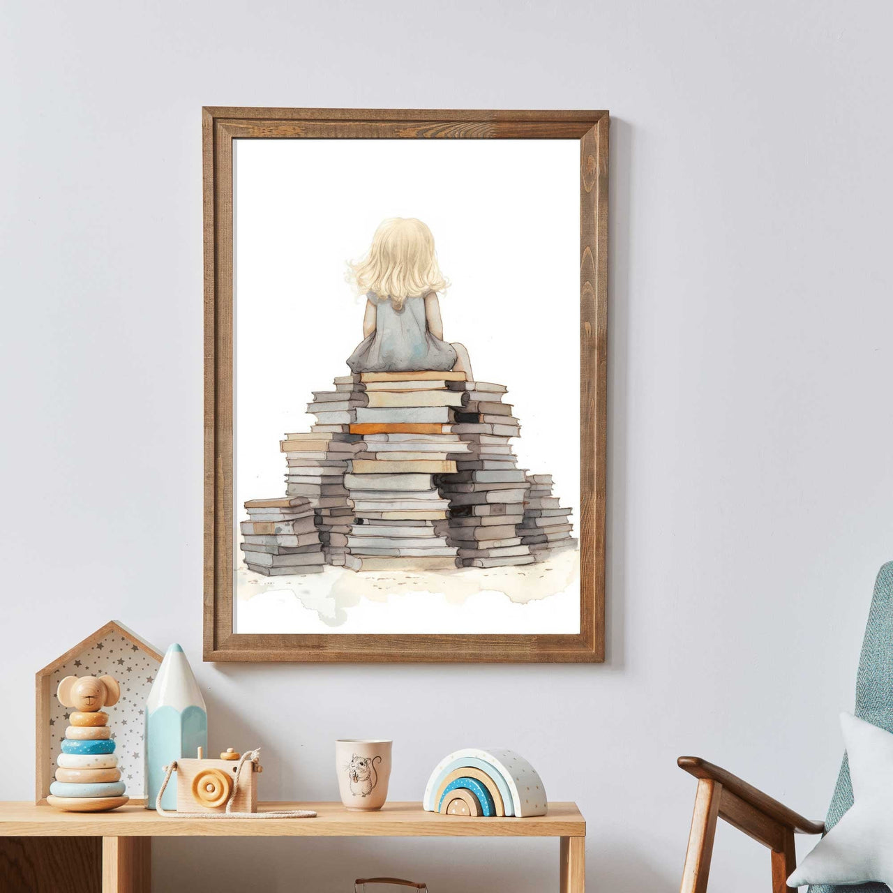 Girl Reading Wall Art – Book Room Print for Kids