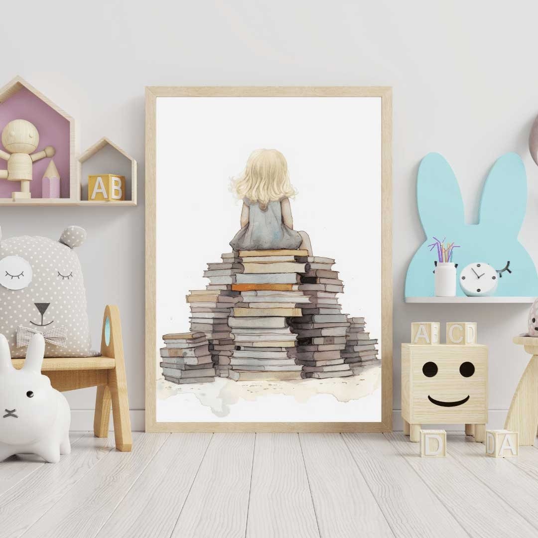 Girl Reading Wall Art – Book Room Print for Kids