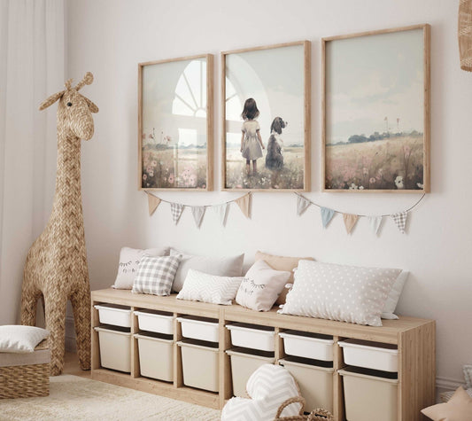 Girl & Springer Spaniel Art, Dog Nursery Decor, Cute Wall Painting - WildfieldPrints