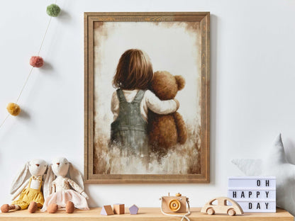Girl & Teddy Bear Nursery Art, Vintage Girls Room Decor, Unique Print - WildfieldPrints