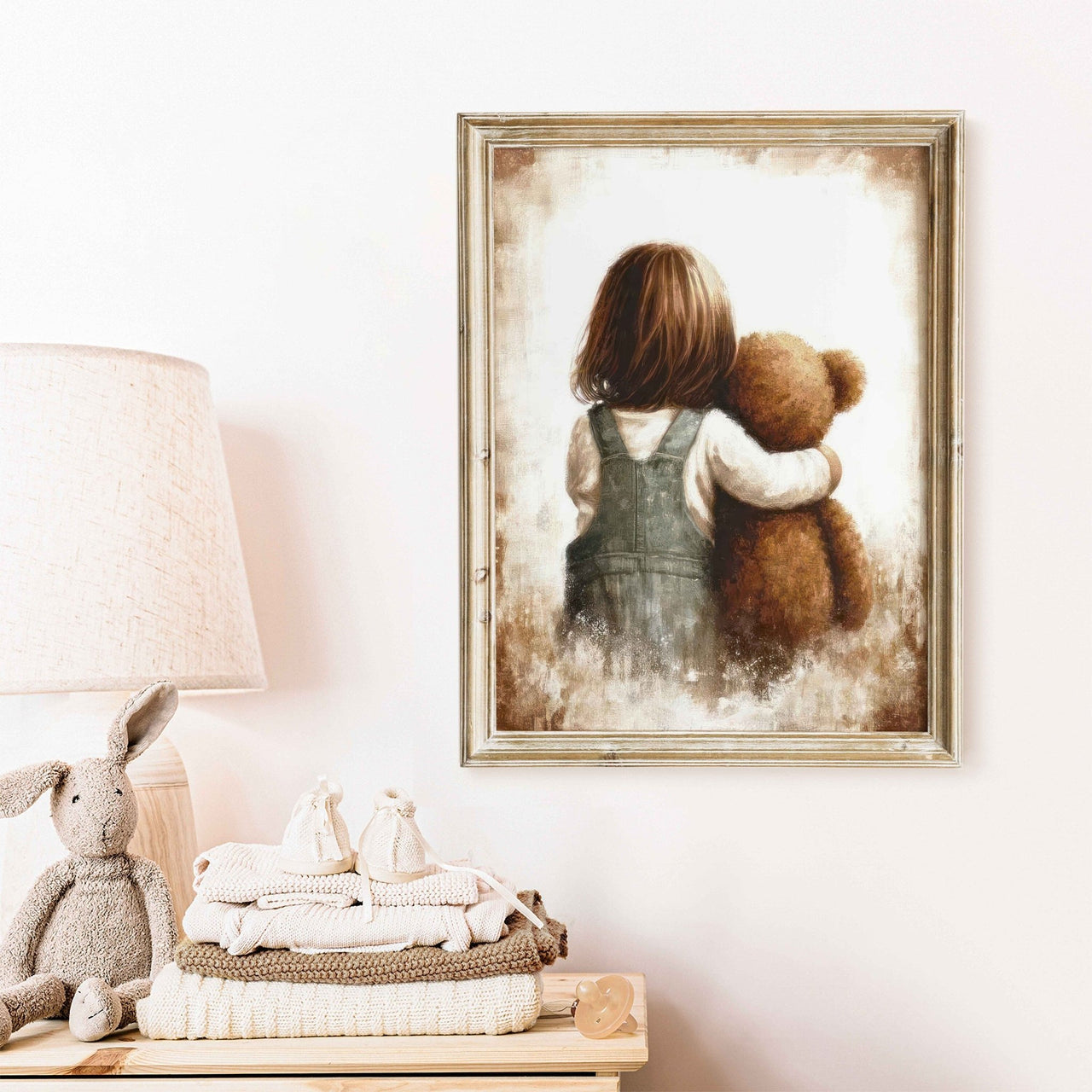 Girl and Teddy Bear Print – Vintage Nursery Wall Art for Girls